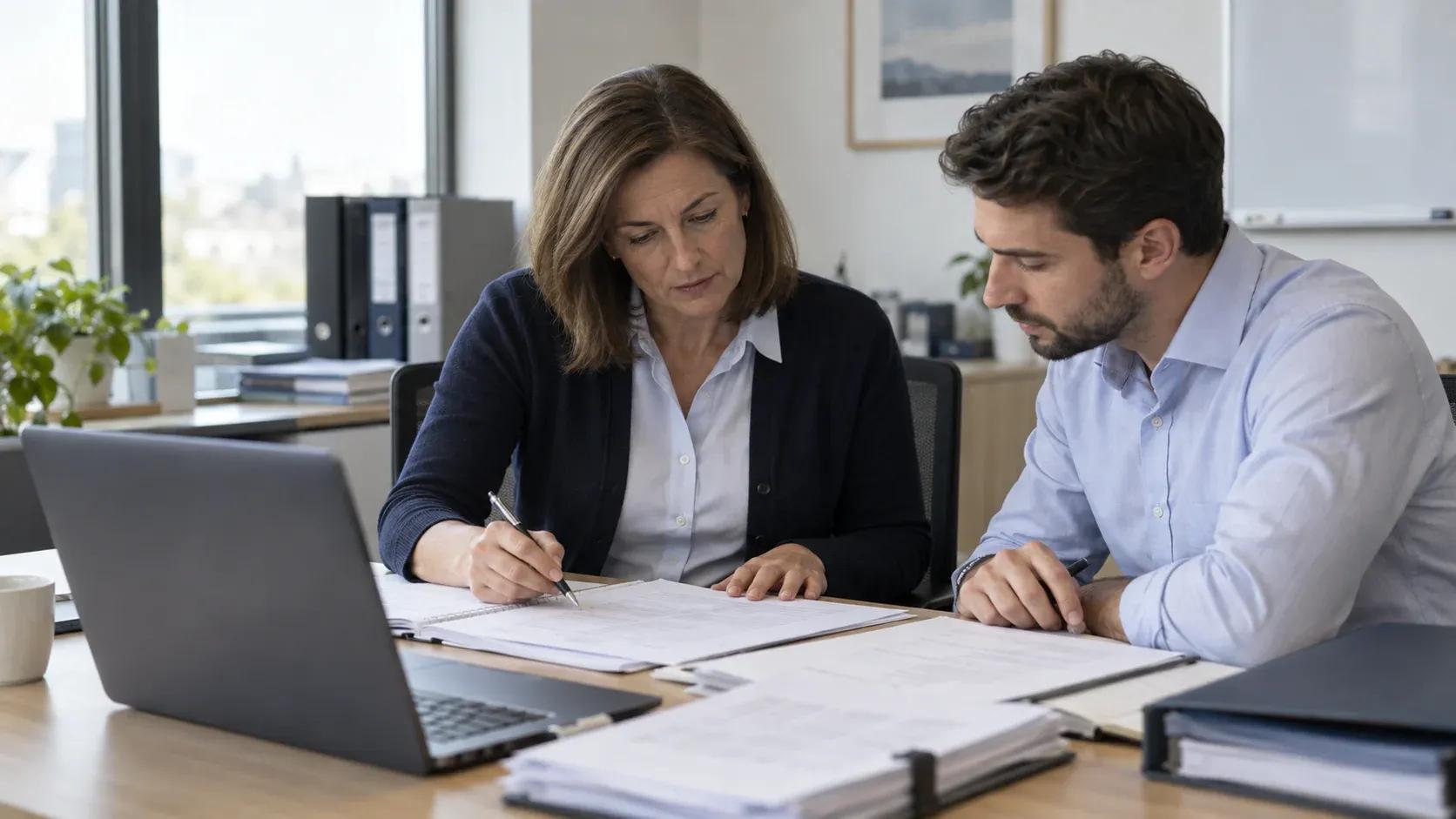A controller and accounting colleague reviewing a reconciliation pack at an office desk.