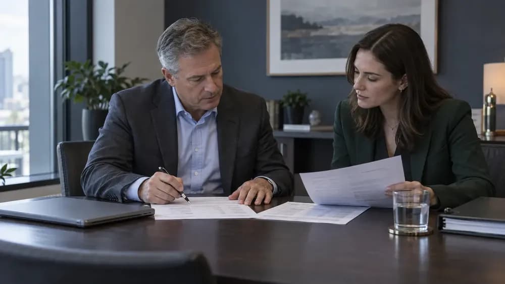 A portfolio-company finance director and investment analyst reviewing a printed monthly reporting pack. AI-generated editorial illustration with fictional people.