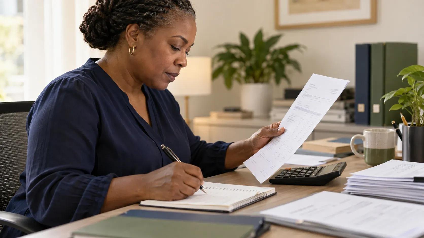 An accounting professional checking an invoice alongside a calculator and notebook.