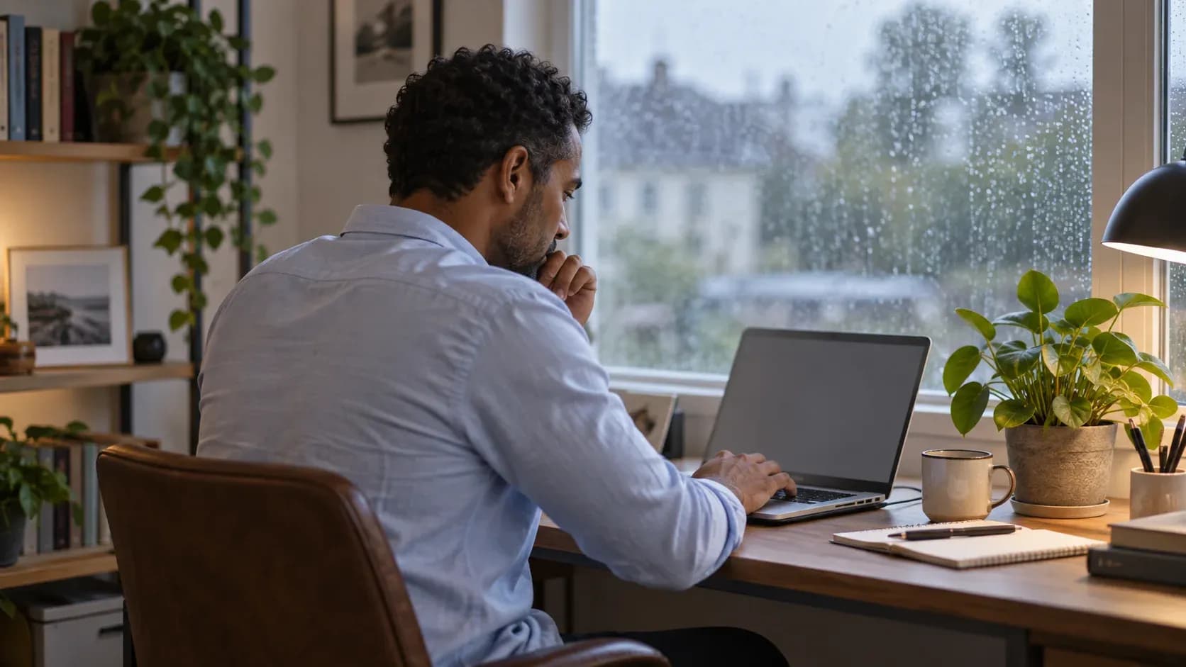 A professional working at a quiet home-office desk.