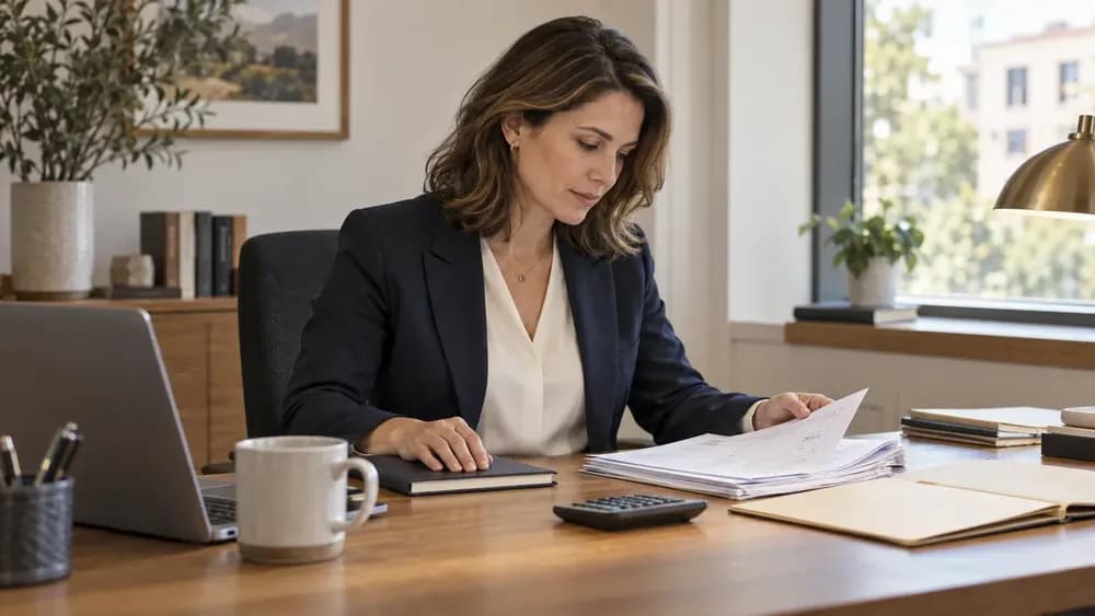 A finance professional reviewing supplier paperwork beside a calculator and notebook.