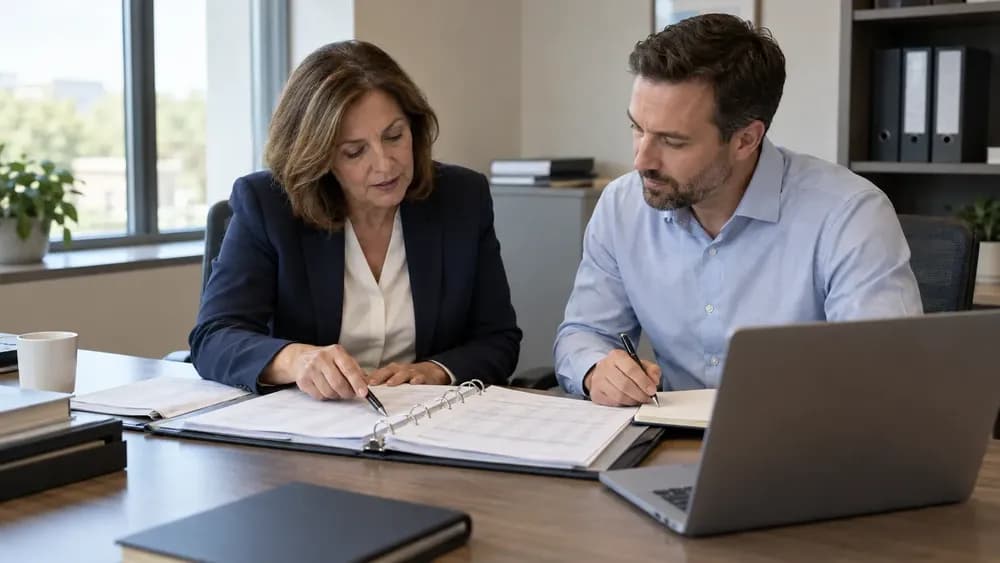 Two finance professionals discussing supporting records during an office handover. AI-generated editorial illustration.