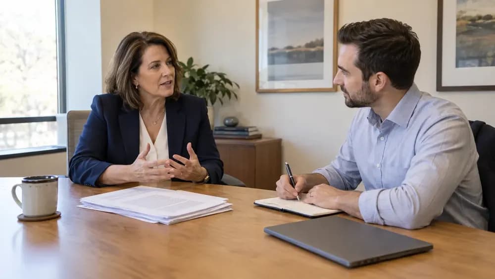 A CPA partner discussing an article with a marketing editor in an accounting office. AI-generated editorial illustration with fictional people.