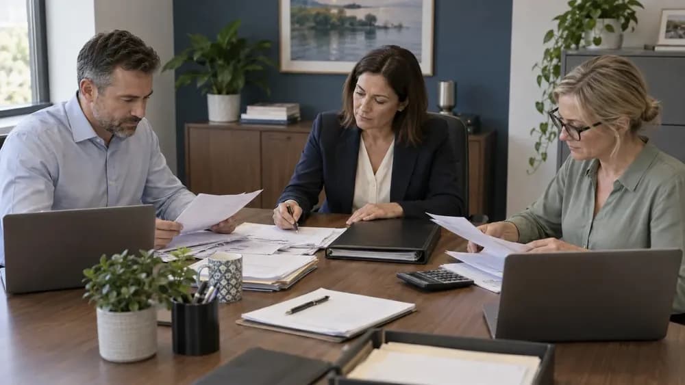 Three finance professionals reviewing records around an office table. AI-generated editorial illustration.