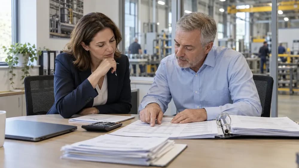 Group and local finance professionals reviewing account schedules at an industrial services business.