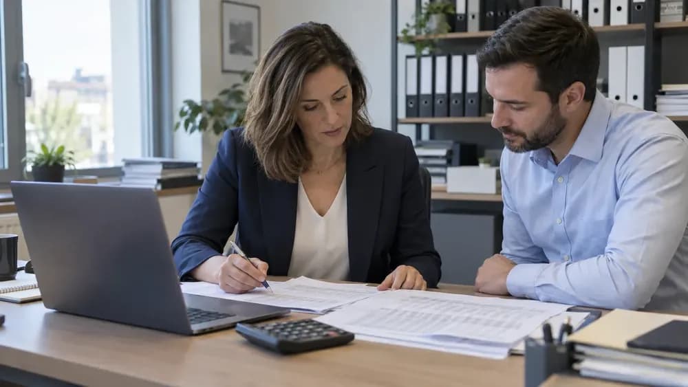AI-generated illustration of a financial controller and colleague reviewing accounting schedules.