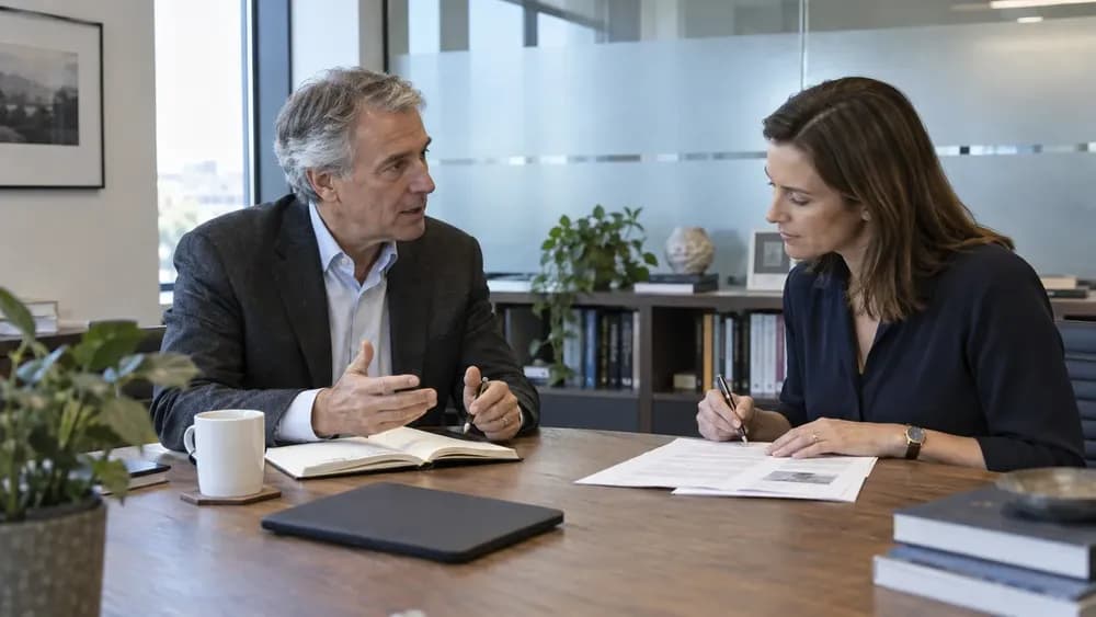 An investment partner and marketing editor discussing an article proof. AI-generated editorial illustration.