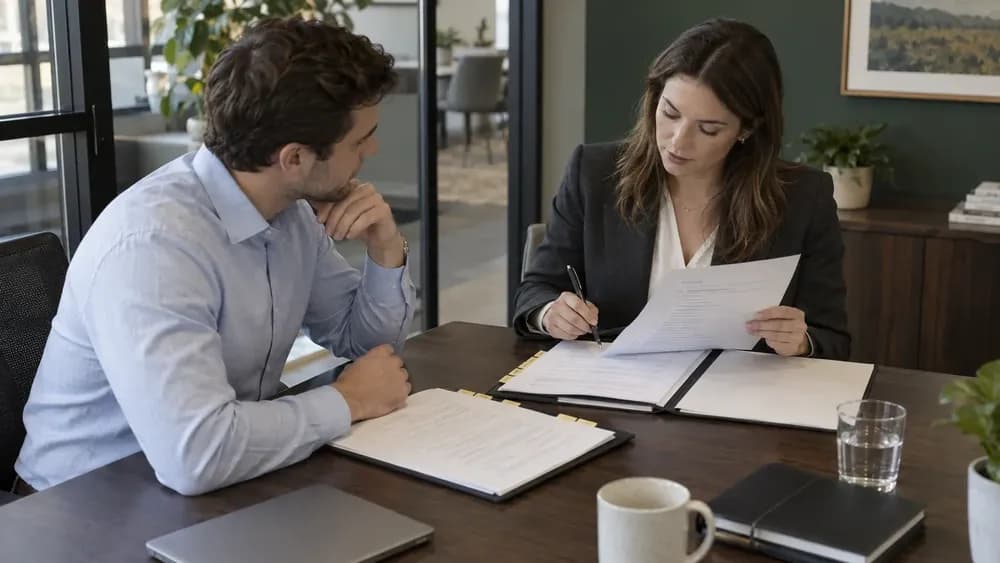 Two transaction professionals checking a document bundle and its supporting checklist.