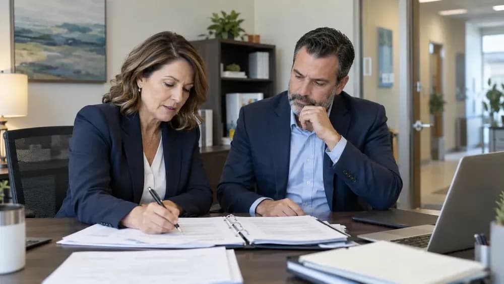 Illustrative AI-generated scene of finance professionals reviewing accounting documents in a healthcare administrative office.