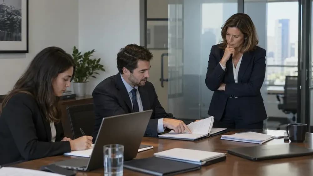 Illustrative AI-generated scene of a boutique deal team reviewing transaction documents.