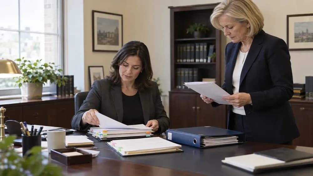 A paralegal and supervising lawyer organising transaction documents. AI-generated editorial illustration.
