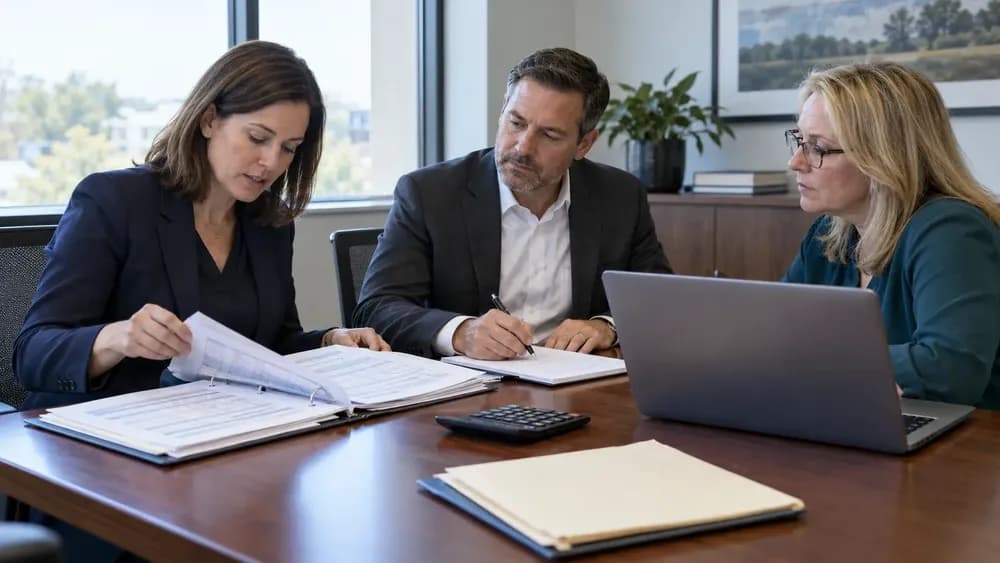 Finance professionals reviewing account schedules and discussing responsibilities at a meeting table.