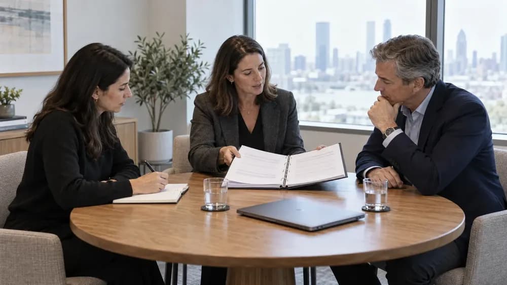 A fund operations team reviewing a reporting binder together in a meeting room.