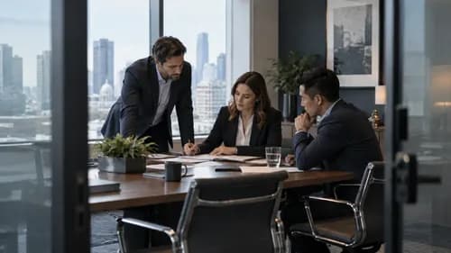 AI-generated illustration of three finance professionals reviewing documents around a meeting table.