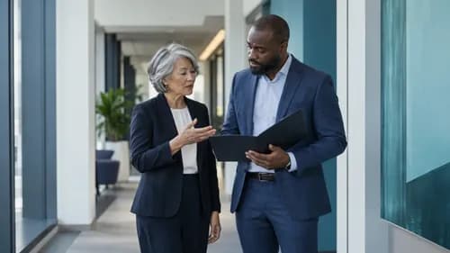 AI-generated illustration of two senior business professionals reviewing a document.