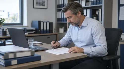 AI-generated illustration of an accountant reviewing documents at an office desk.